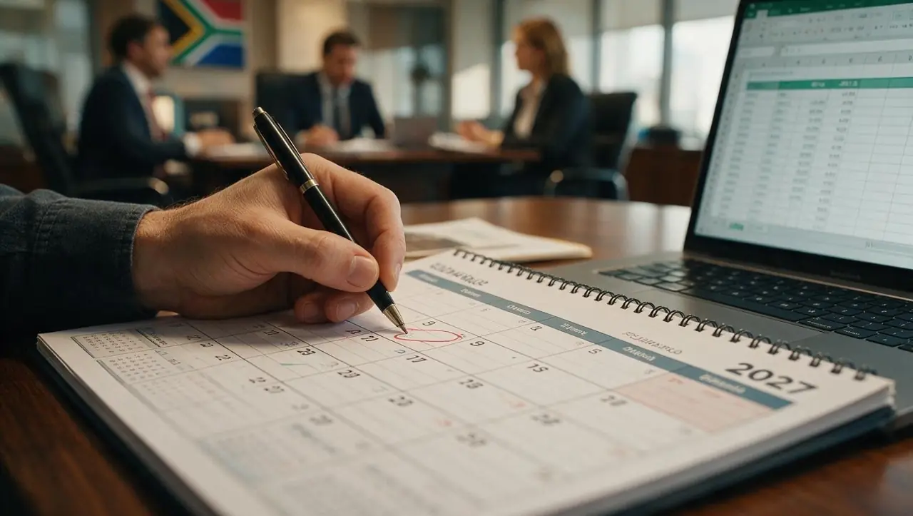 Hand marking key dates in a 2027 desk planner next to a laptop with an event budget spreadsheet
