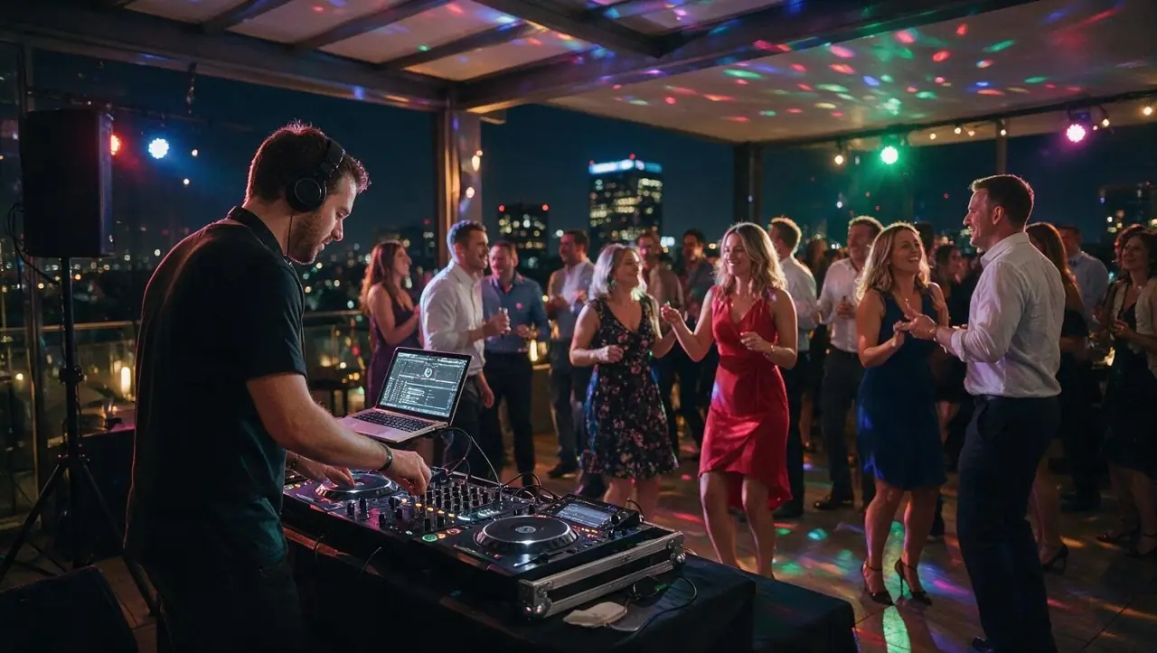 DJ playing to a dancing crowd at a Sandton rooftop corporate year-end party