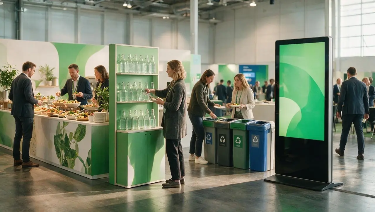 Sustainable corporate conference with water stations, glass bottles, a plant-based buffet and recycling bins