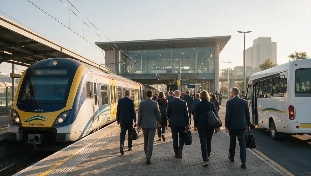 Delegates arriving at a Gauteng conference venue by train and shuttle bus