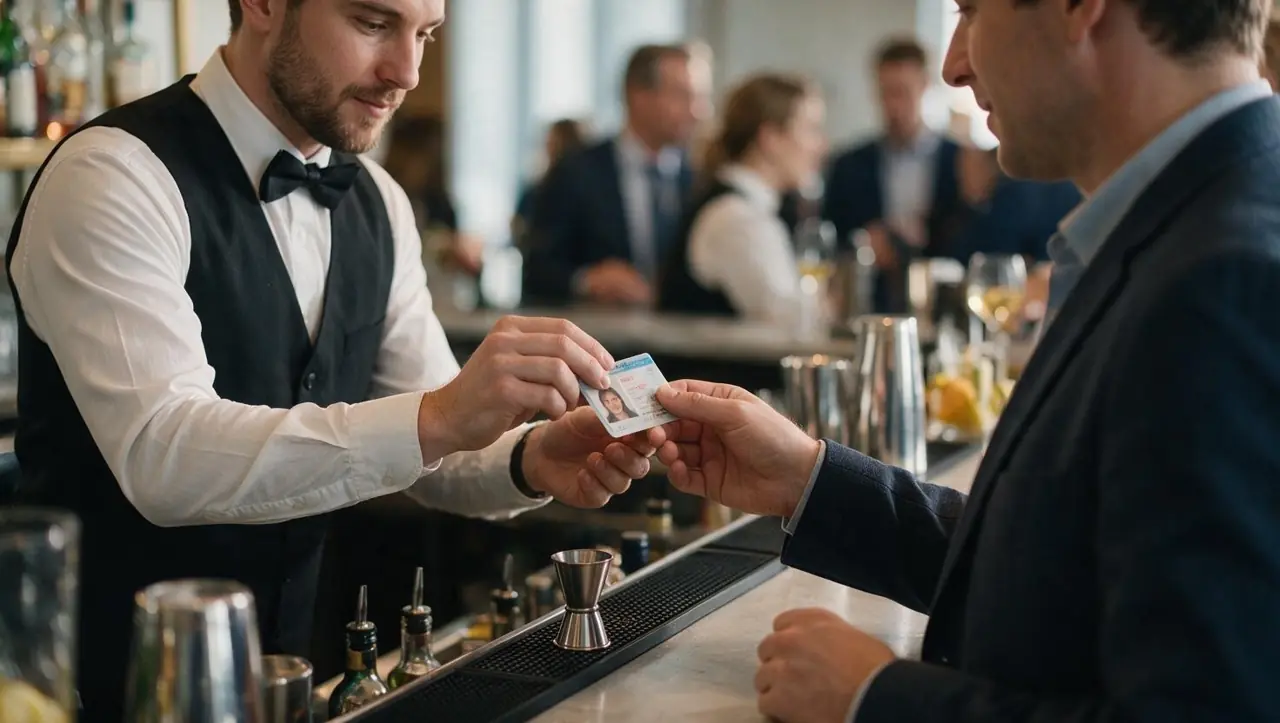 Bartender checking a guest's ID card at a corporate event bar