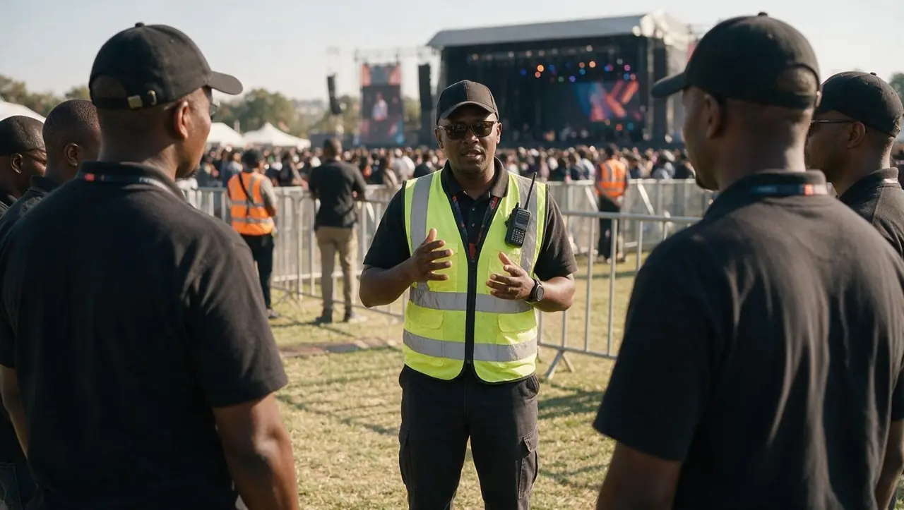 Safety officer in a hi-vis vest briefing event staff before a large outdoor corporate event
