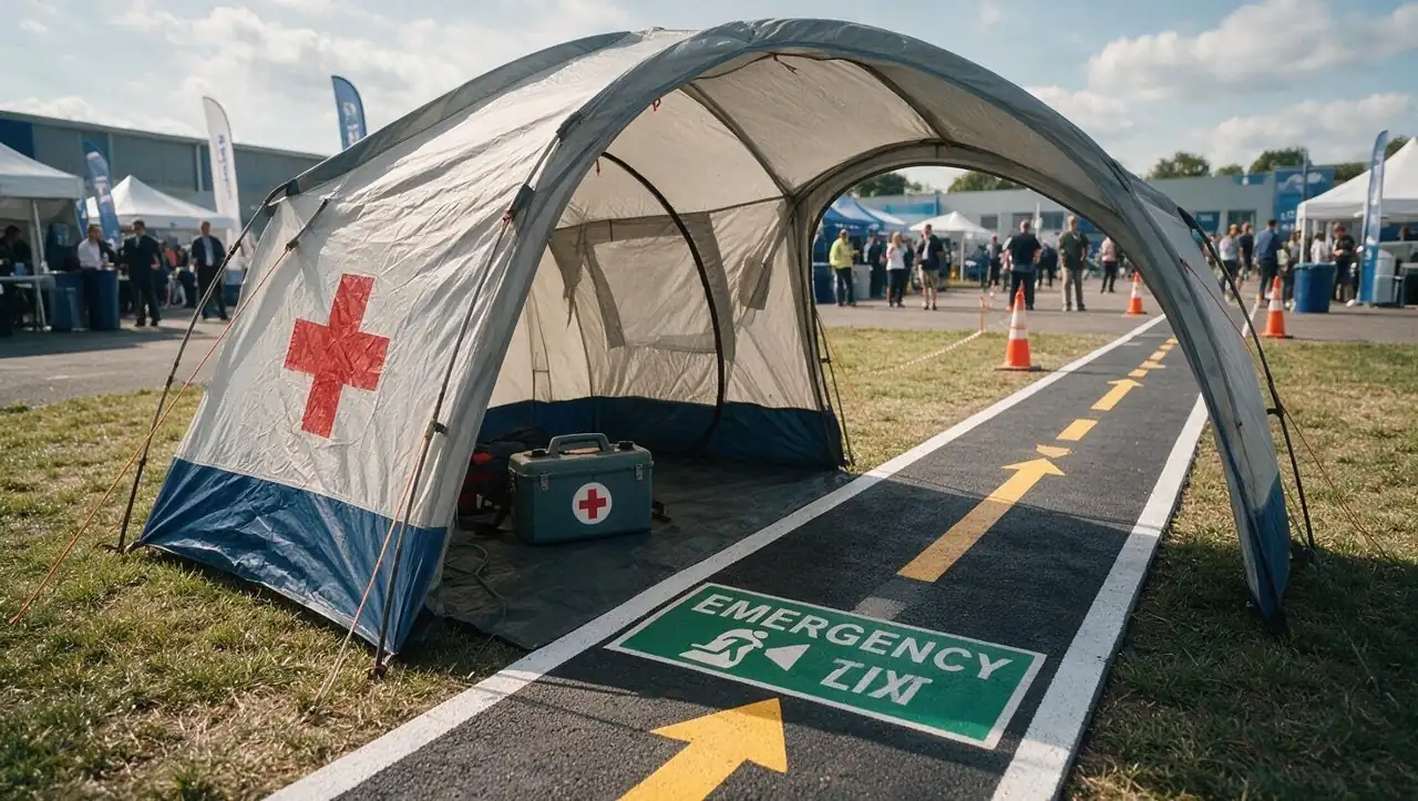 Paramedic standby tent and a marked emergency exit route at a corporate outdoor event